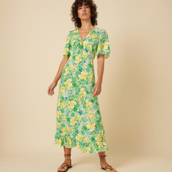 Nobody's Child Women's Floral Tie Neck Midaxi Tea Dress - 12 - Green Mix, Green Mix