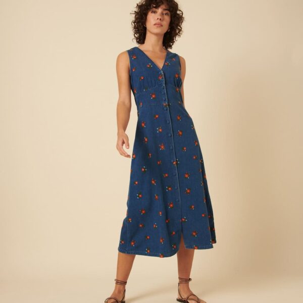 Nobody's Child Women's Denim Embroidered V-Neck Midi Tea Dress - 14 - Blue Mix, Blue Mix