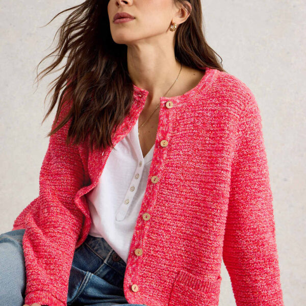 White Stuff Women's Pure Cotton Textured Crew Neck Cardigan - 14 - Pink, Pink