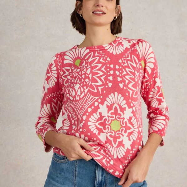 White Stuff Women's Pure Cotton Floral Crew Neck Jumper - 12 - Pink Mix, Pink Mix