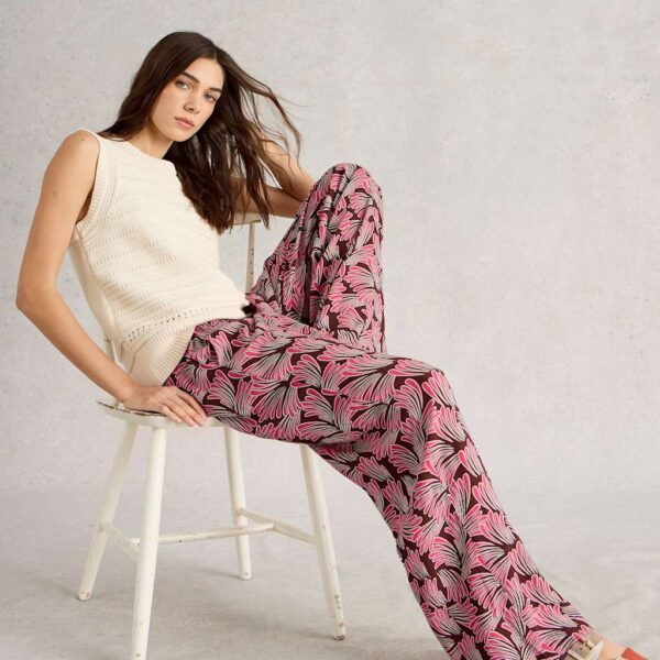 White Stuff Women's Printed Textured Wide Leg Trousers - 14REG - Pink Mix, Pink Mix