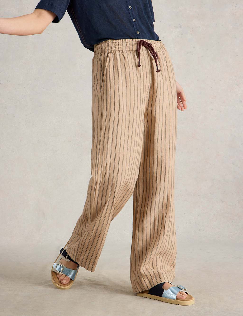 White Stuff Women's Pure Linen Striped Wide Leg Trousers - 12REG - Natural Mix, Natural Mix