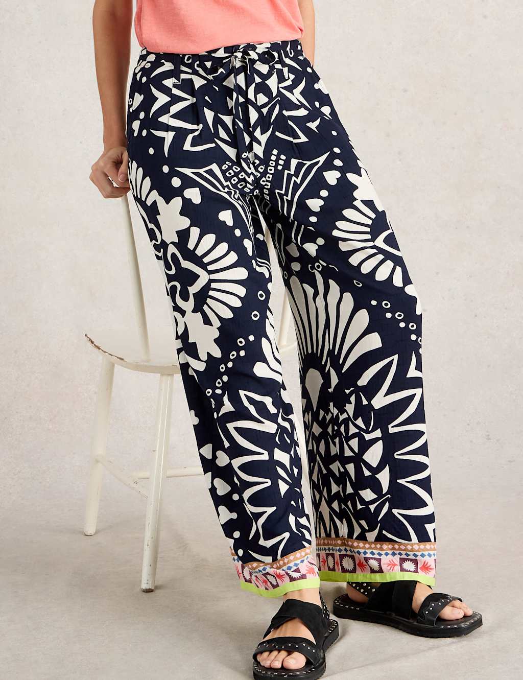 White Stuff Women's Printed Belted Wide Leg Trousers - 12REG - Navy Mix, Navy Mix