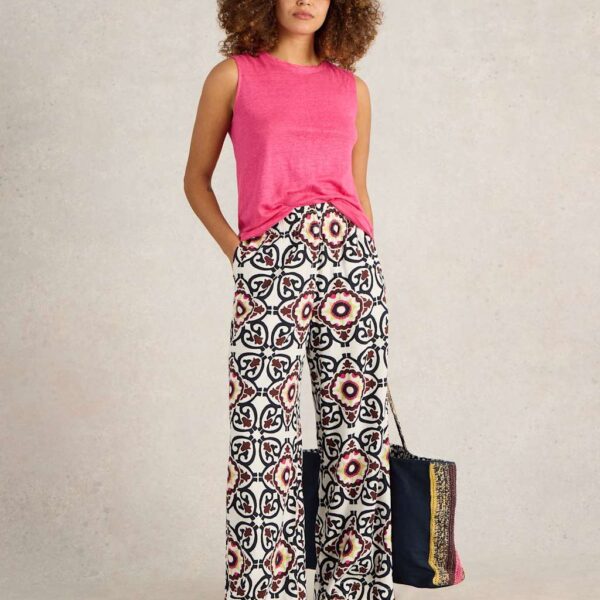 White Stuff Women's Linen Rich Printed Wide Leg Trousers - 14REG - White Mix, White Mix