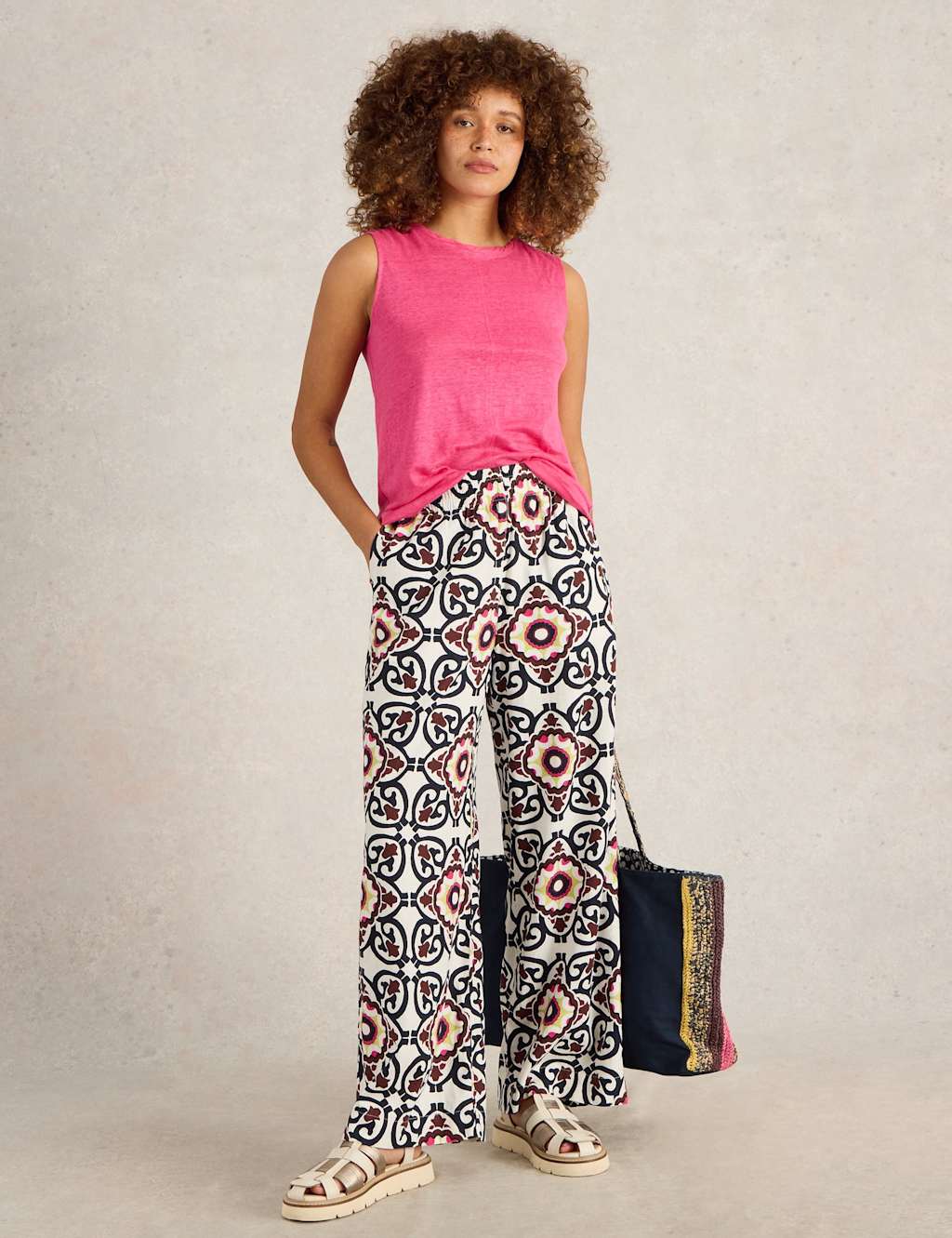 White Stuff Women's Linen Rich Printed Wide Leg Trousers - 14REG - White Mix, White Mix