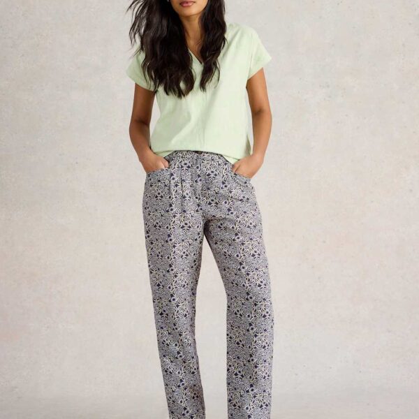 White Stuff Women's Pure Linen Printed Tapered Trousers - 14REG - Navy Mix, Navy Mix