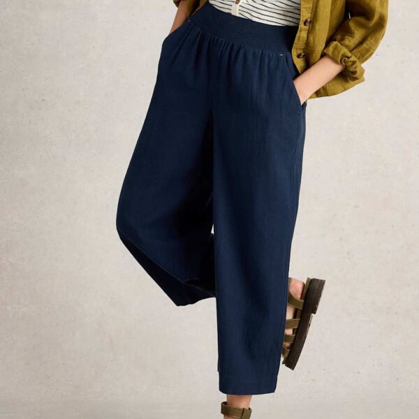 White Stuff Women's Linen Rich Wide Leg Cropped Culottes - 10REG - Navy, Navy,Tan