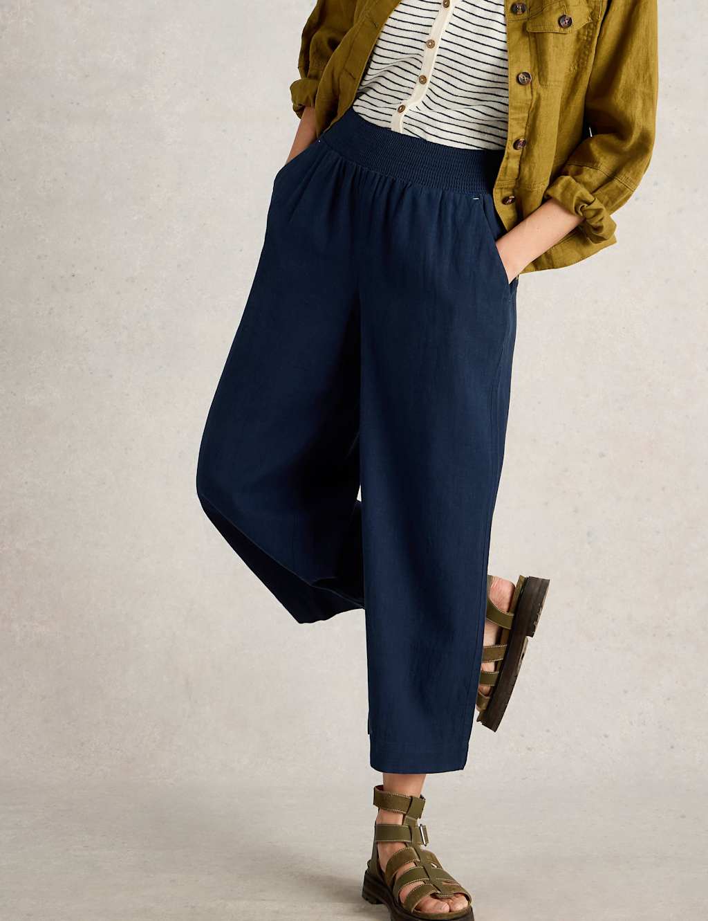 White Stuff Women's Linen Rich Wide Leg Cropped Culottes - 10REG - Navy, Navy,Tan
