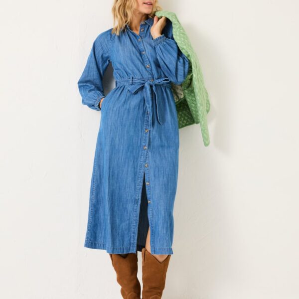 Fatface Women's Pure Cotton Denim Tie Waist Midi Shirt Dress - 14REG - Blue Denim, Blue Denim