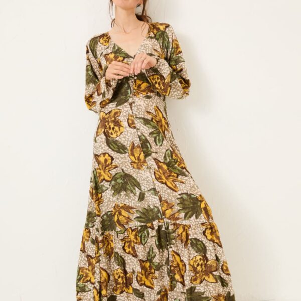 Fatface Women's Pure Lyocell Floral V-Neck Maxi Tiered Dress - 14REG - Natural Mix, Natural Mix