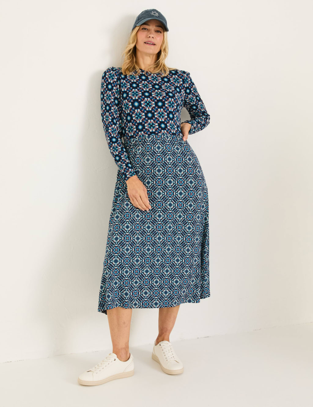 Fatface Women's Geometric Midi Waisted Dress - 14REG - Blue Mix, Blue Mix