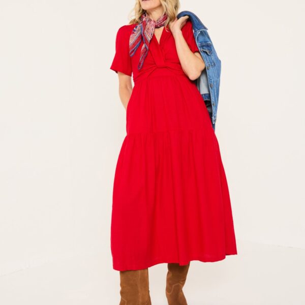 Fatface Women's V-Neck Tiered Midi Dress With Cotton & Linen - 14REG - Red Mix, Red Mix