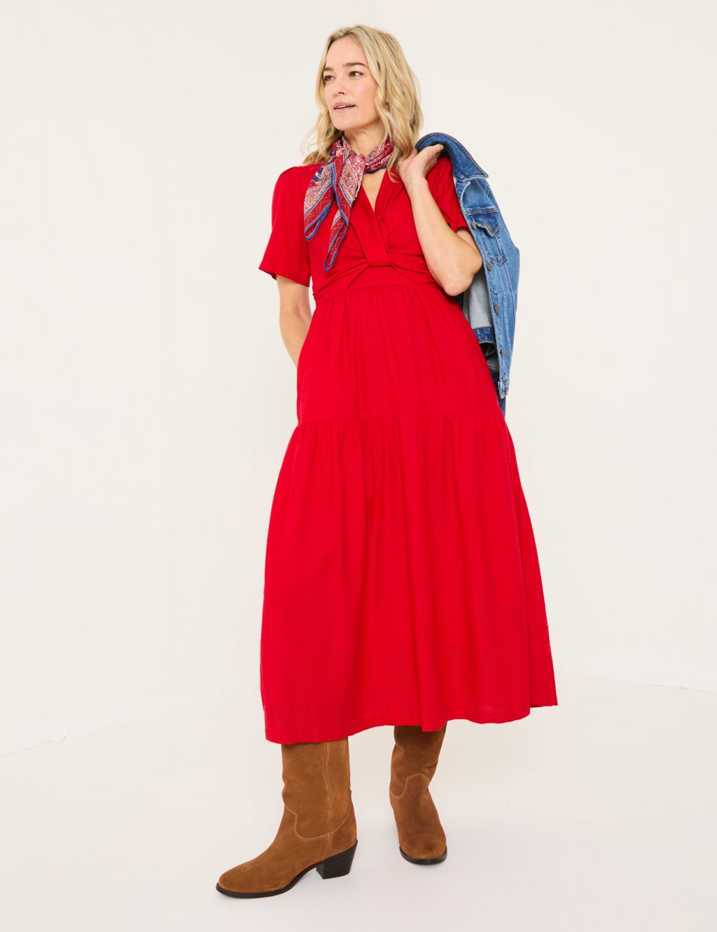 Fatface Women's V-Neck Tiered Midi Dress With Cotton & Linen - 14REG - Red Mix, Red Mix