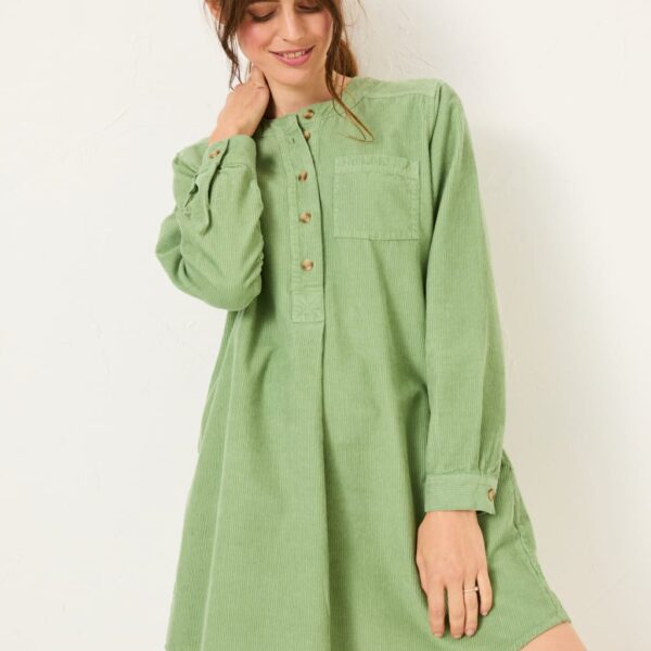 Fatface Women's Pure Cotton Cord Collarless Mini Tiered Dress - 14REG - Green, Green