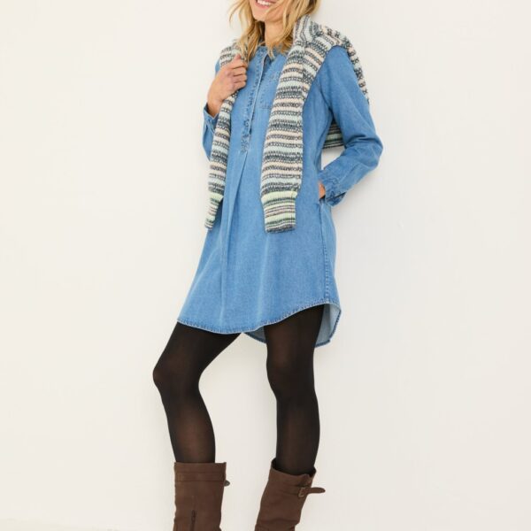 Fatface Women's Pure Cotton Denim Collarless Tunic Shirt Dress - 14REG - Blue Denim, Blue Denim