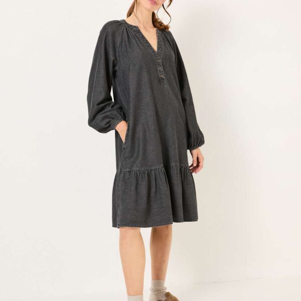 Fatface Women's Denim Notch Neck Knee Length Tiered Dress - 20REG - Black, Black