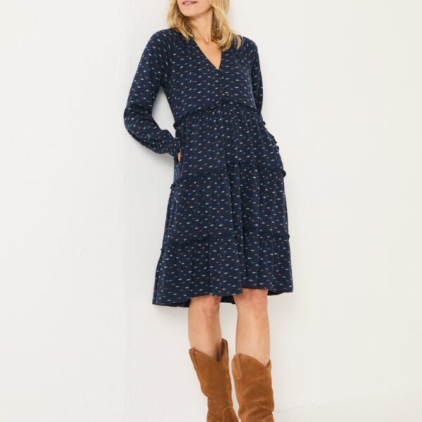 Fatface Women's Pure Cotton Jersey Printed V-Neck Tiered Dress - 14REG - Navy, Navy