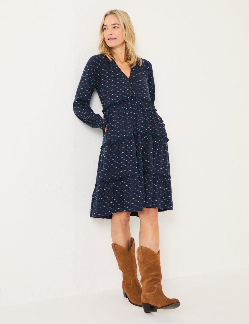 Fatface Women's Pure Cotton Jersey Printed V-Neck Tiered Dress - 14REG - Navy, Navy