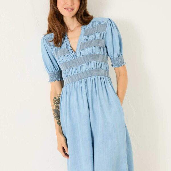 Fatface Women's Lyocell Denim V-Neck Shirred Waisted Dress - 12REG - Blue Denim, Blue Denim