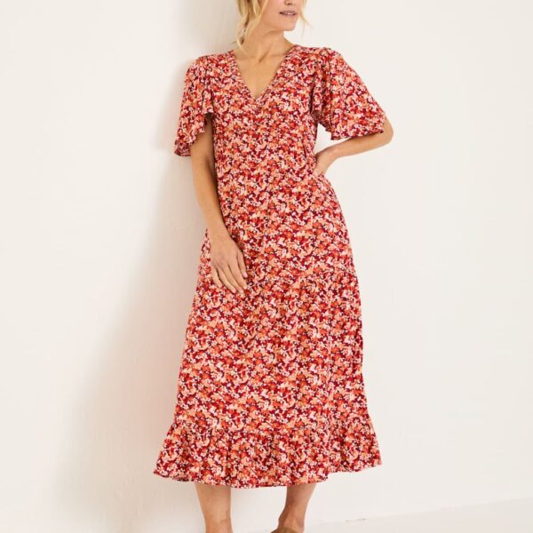Fatface Women's Floral V-Neck Angel Sleeve Midi Tea Dress - 14REG - Multi, Multi