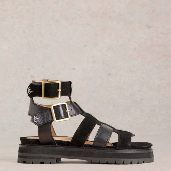 White Stuff Women's Leather Ankle Strap Flat Gladiator Sandals - 6 - Black, Black
