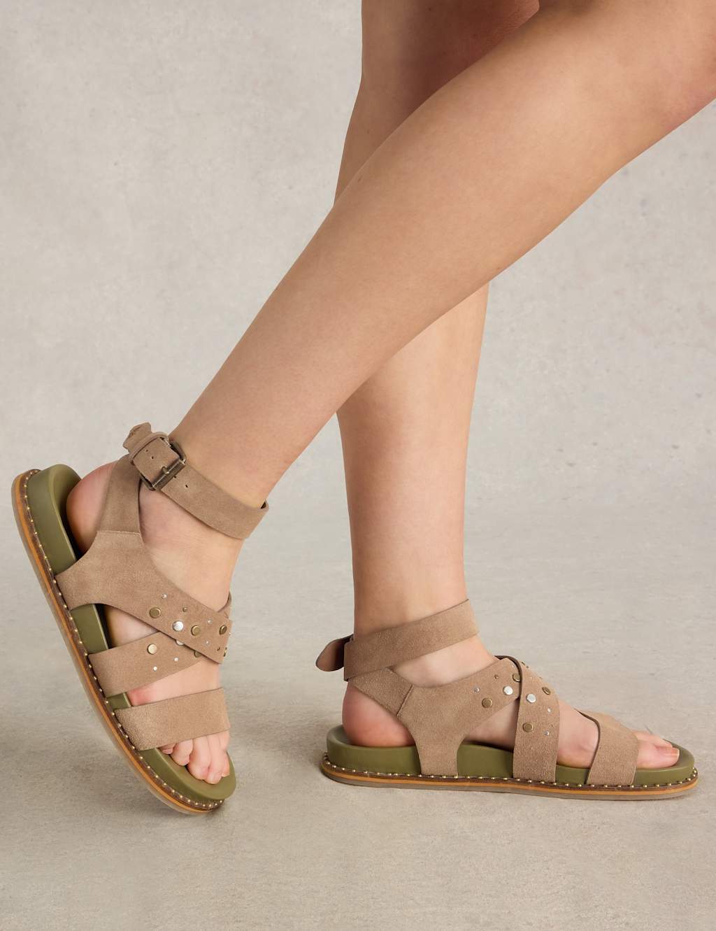 White Stuff Women's Suede Studded Flat Footbed Gladiator Sandals - 5 - Natural, Natural