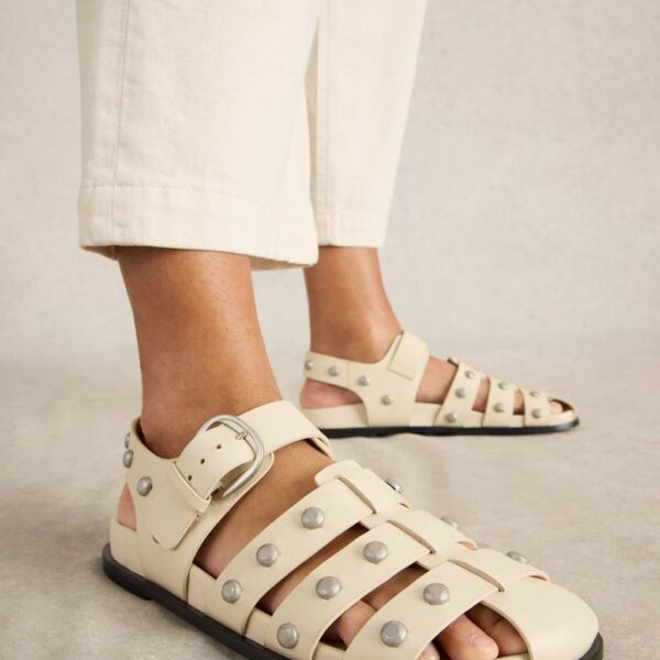 White Stuff Women's Leather Studded Ankle Strap Flat Sandals - 5, White