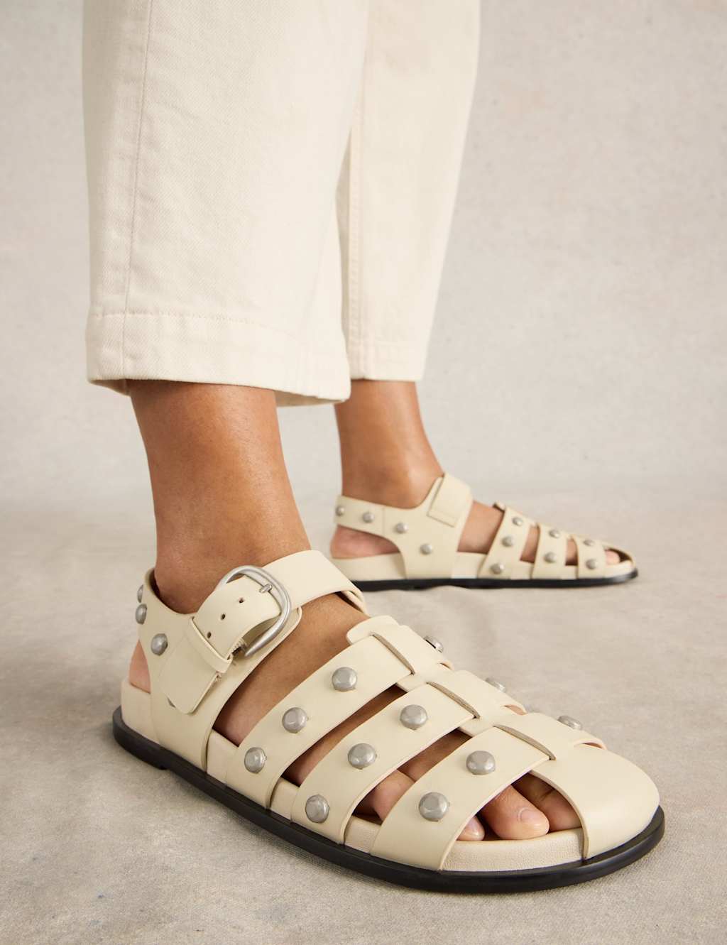 White Stuff Women's Leather Studded Ankle Strap Flat Sandals - 5, White