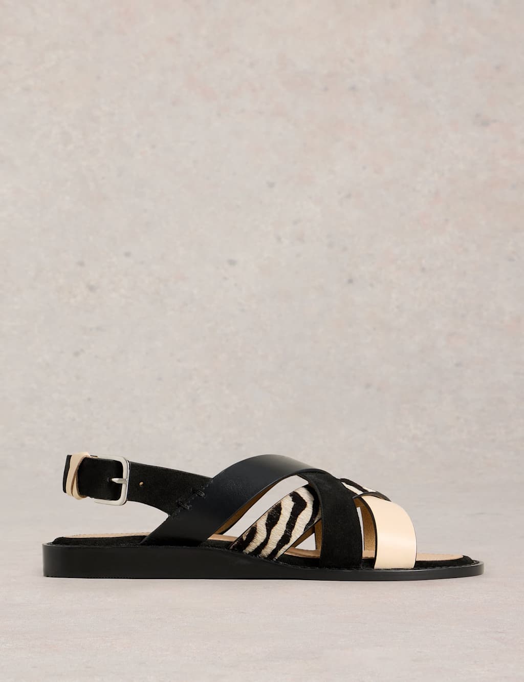 White Stuff Women's Leather Animal Print Flat Wedge Sandals - 6 - Black, Black