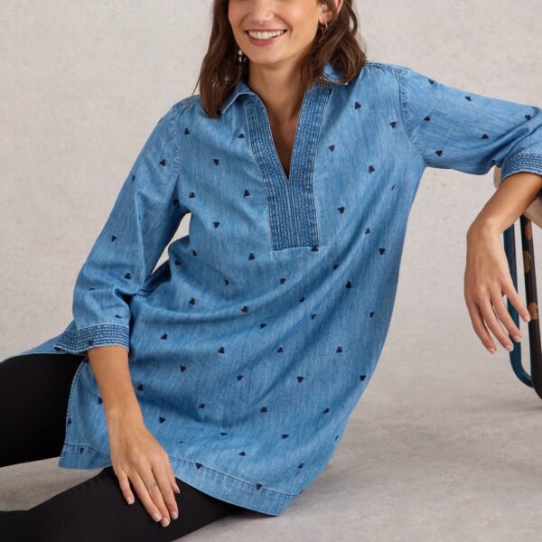 White Stuff Women's Pure Cotton Denim Embroidered V-Neck Tunic - 8REG - Med Blue Denim, Med Blue Denim