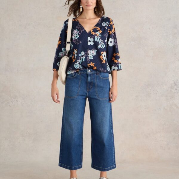 White Stuff Women's Mid Rise Wide Leg Cropped Jeans - 10REG - Dark Denim, Dark Denim,Natural,Purple,Green,Black