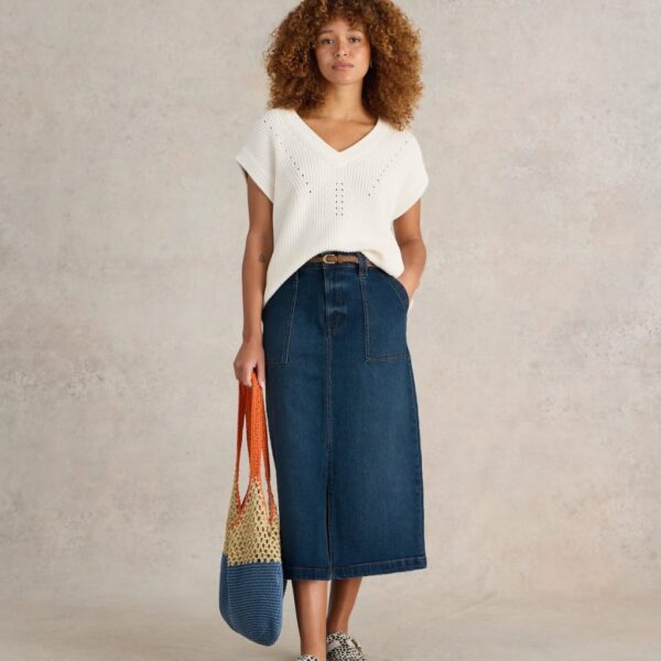 White Stuff Women's Cotton Rich Denim Midi Skirt - 12REG - Med Blue Denim, Med Blue Denim