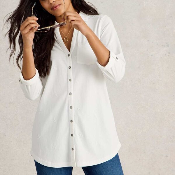 White Stuff Women's Pure Cotton Embroidered Longline Shirt - 10, White