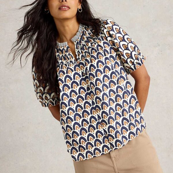 White Stuff Women's Pure Cotton Printed Notch Neck Top - 16 - Navy Mix, Navy Mix