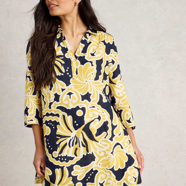 White Stuff Women's Pure Linen Printed Collared V-Neck Tunic - 12REG - Yellow Mix, Yellow Mix