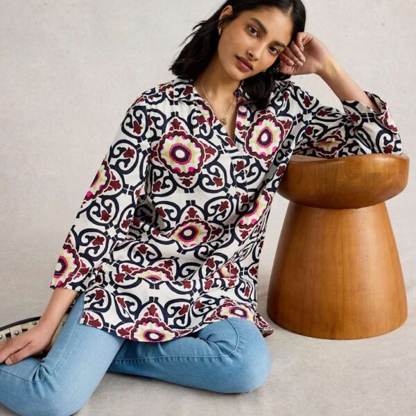 White Stuff Women's Pure Linen Printed V-Neck Collared Tunic - 12REG - White Mix, White Mix