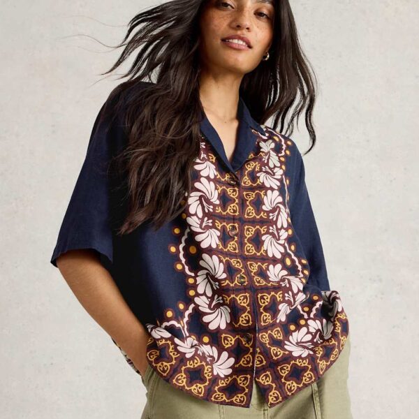 White Stuff Women's Linen Rich Printed Button Through Shirt - 12 - Navy Mix, Navy Mix