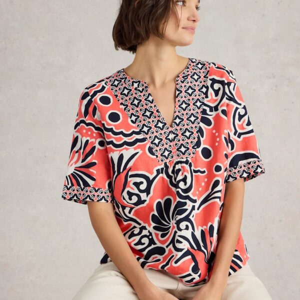 White Stuff Women's Linen Blend Printed V-Neck Top - 12 - Red Mix, Red Mix