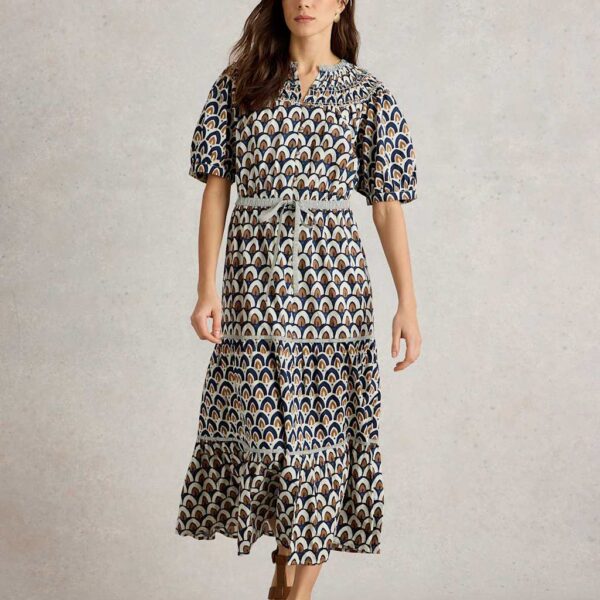 White Stuff Women's Pure Cotton Printed Midaxi Tiered Dress - 14REG - Navy Mix, Navy Mix