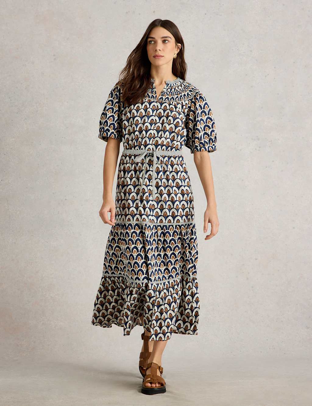 White Stuff Women's Pure Cotton Printed Midaxi Tiered Dress - 14REG - Navy Mix, Navy Mix