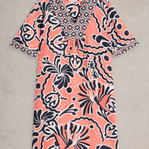 White Stuff Women's Pure Linen Printed V-Neck Shift Dress - 12REG - Red Mix, Red Mix