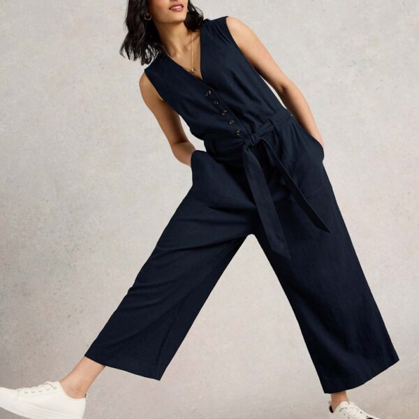White Stuff Women's Linen Rich Cropped Wide Leg Jumpsuit - 14 - Navy, Navy