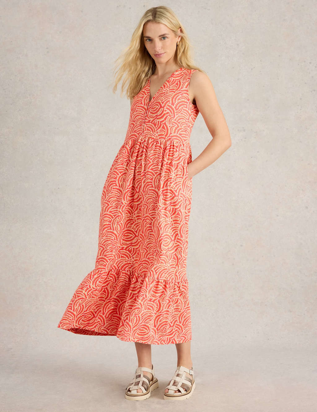 White Stuff Women's Jersey Printed V-Neck Midaxi Tiered Dress - 12REG - Red Mix, Red Mix
