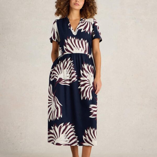 White Stuff Women's Linen Blend Printed V-Neck Waisted Dress - 14REG - Navy Mix, Navy Mix