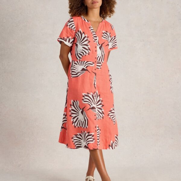 White Stuff Women's Linen Rich Printed Notch Neck Midi Tea Dress - 12REG - Red Mix, Red Mix