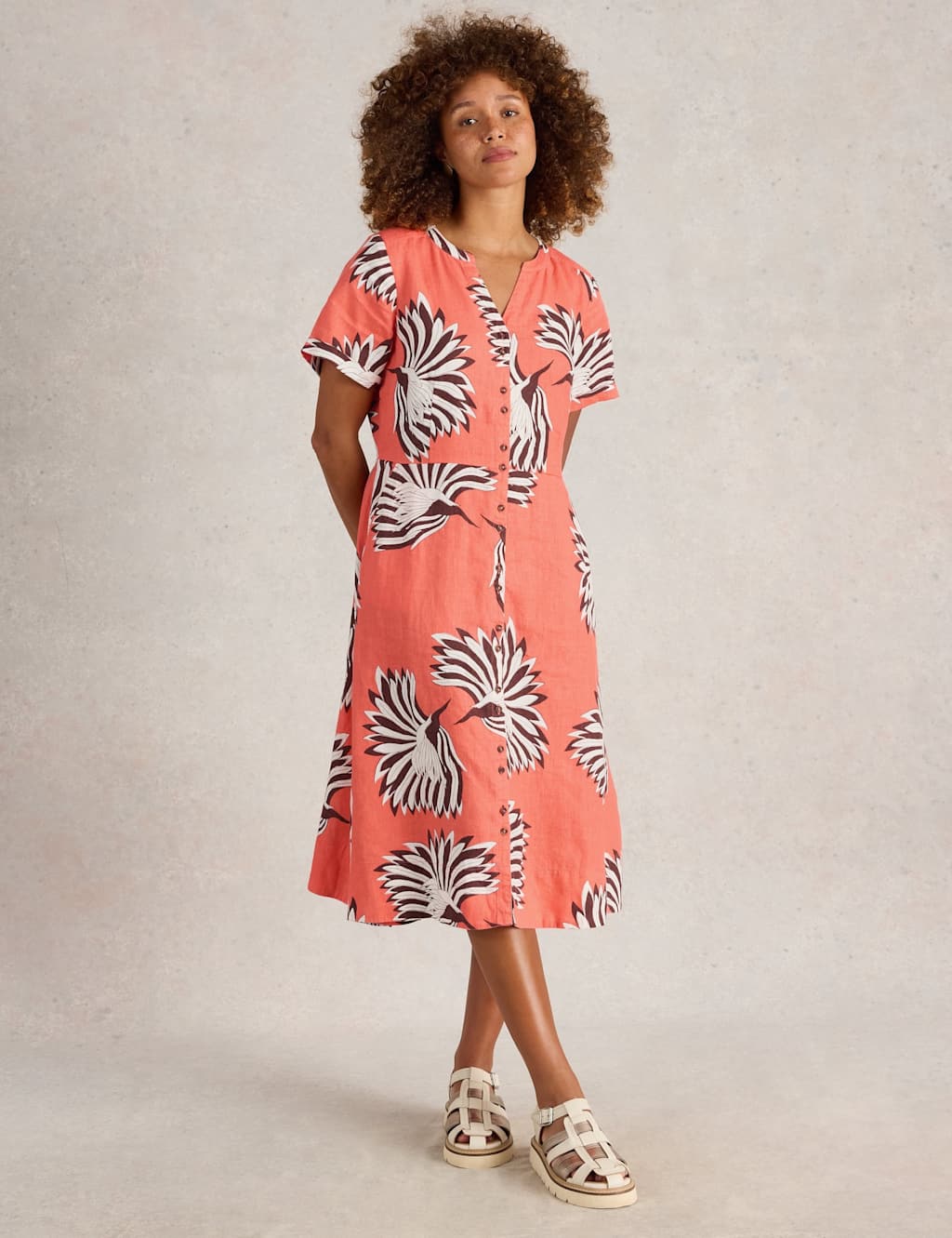 White Stuff Women's Linen Rich Printed Notch Neck Midi Tea Dress - 12REG - Red Mix, Red Mix