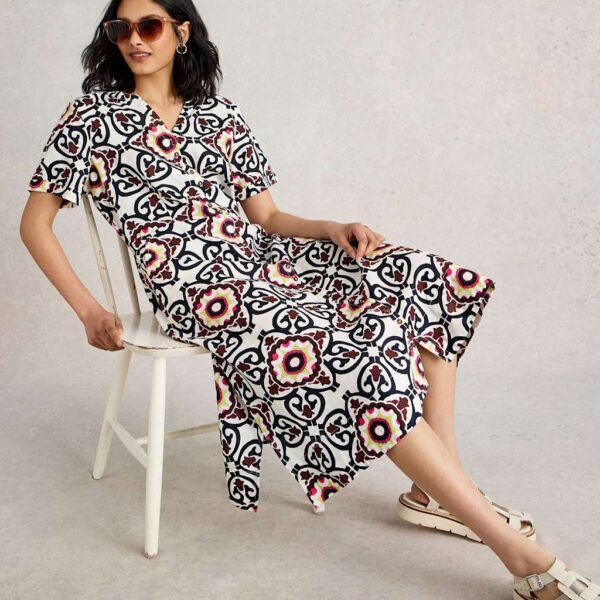 White Stuff Women's Pure Linen Printed Midi Shirt Dress - 12REG - White Mix, White Mix