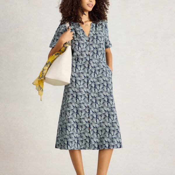 White Stuff Women's Pure Linen Printed V-Neck Midi Tea Dress - 12REG - Navy Mix, Navy Mix