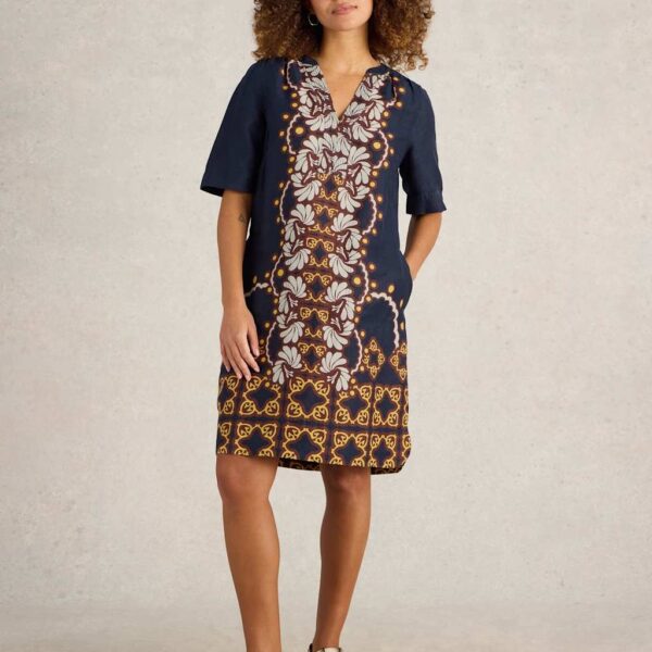 White Stuff Women's Pure Linen Printed Notch Neck Shift Dress - 12REG - Navy Mix, Navy Mix