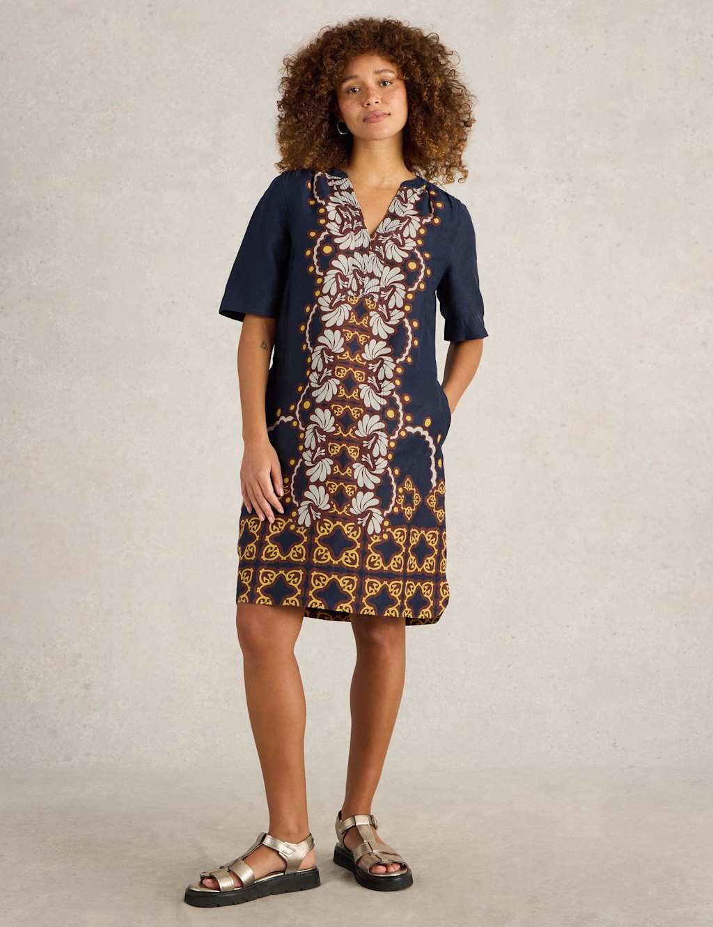 White Stuff Women's Pure Linen Printed Notch Neck Shift Dress - 12REG - Navy Mix, Navy Mix